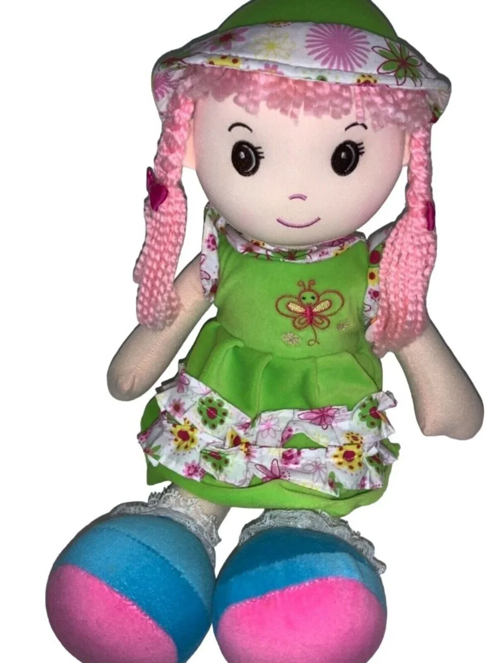 Soft Plush 20 Inch Rag Doll Pink Hair Green Dress Stuff Toy